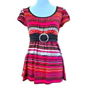 Vintage A. Byer 90s Y2k Pink Brown Top Women's Sz M Buckle Tie Waist Stretch USA